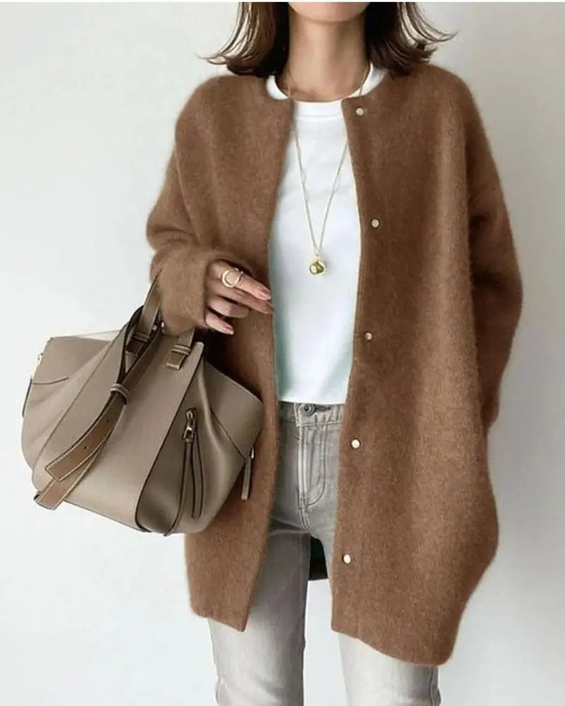 Tessa | Women's Fuzzy Knit Cardigan Round Neck Button-Front