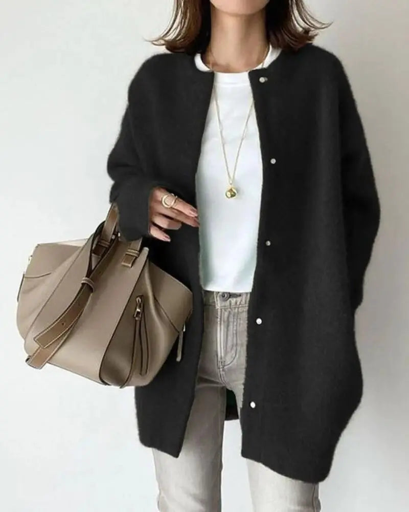 Tessa | Women's Fuzzy Knit Cardigan Round Neck Button-Front