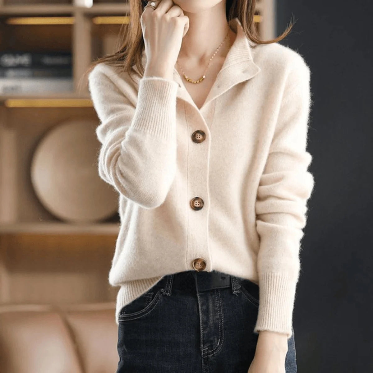 Calliope | Women's Cashmere Blend Cardigan Mock Neck Button-Front