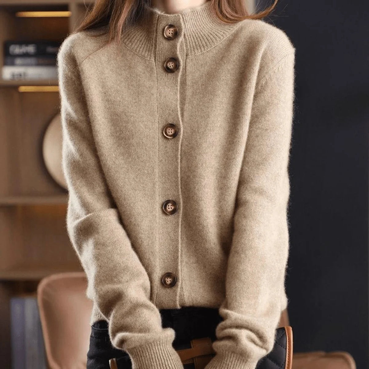 Calliope | Women's Cashmere Blend Cardigan Mock Neck Button-Front