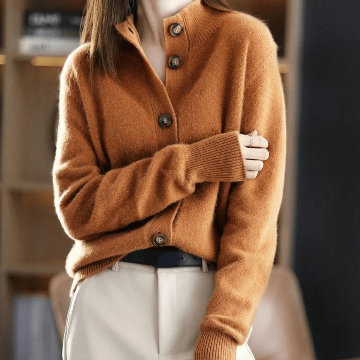 Calliope | Women's Cashmere Blend Cardigan Mock Neck Button-Front