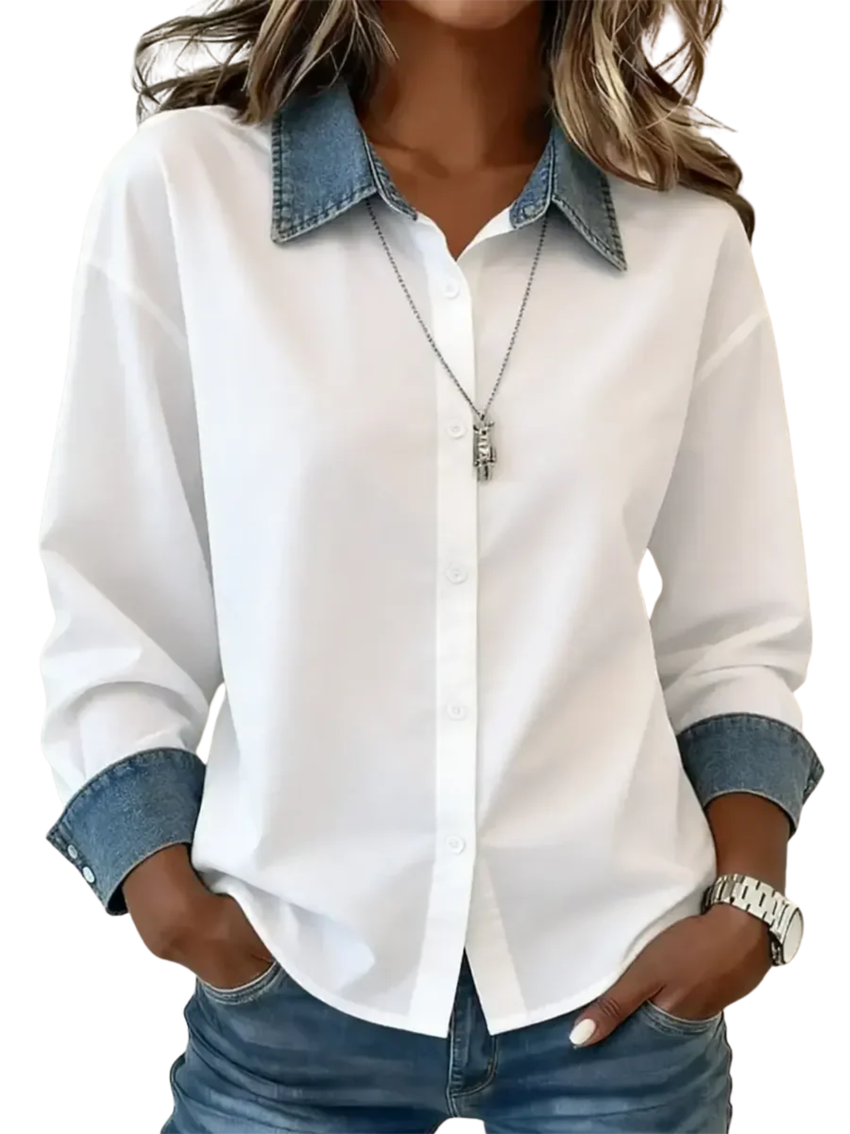 Women’s Denim Button-Down Shirt – Color Block Collared Long Sleeve Top