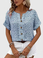 Women’s Floral Top with Button Front and Short Sleeves