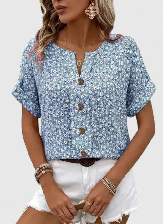 Women’s Floral Top with Button Front and Short Sleeves