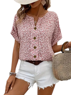 Women’s Floral Top with Button Front and Short Sleeves