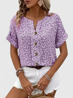 Women’s Floral Top with Button Front and Short Sleeves
