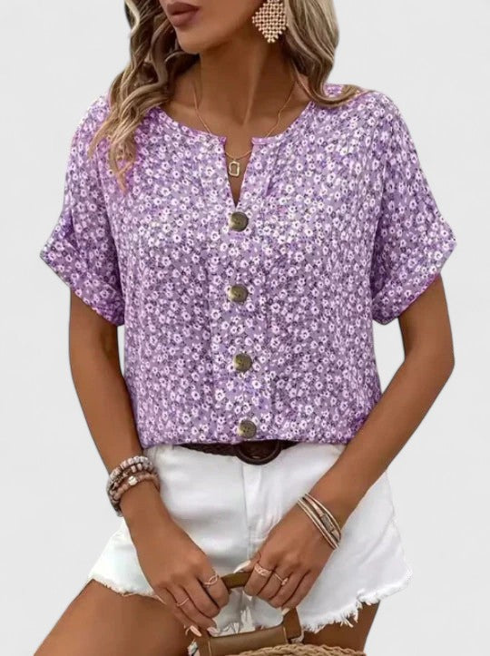 Women’s Floral Top with Button Front and Short Sleeves