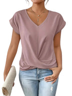 Women’s V-Neck Top with Twist Front Detail and Short Sleeves