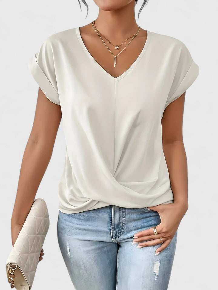 Women’s V-Neck Top with Twist Front Detail and Short Sleeves