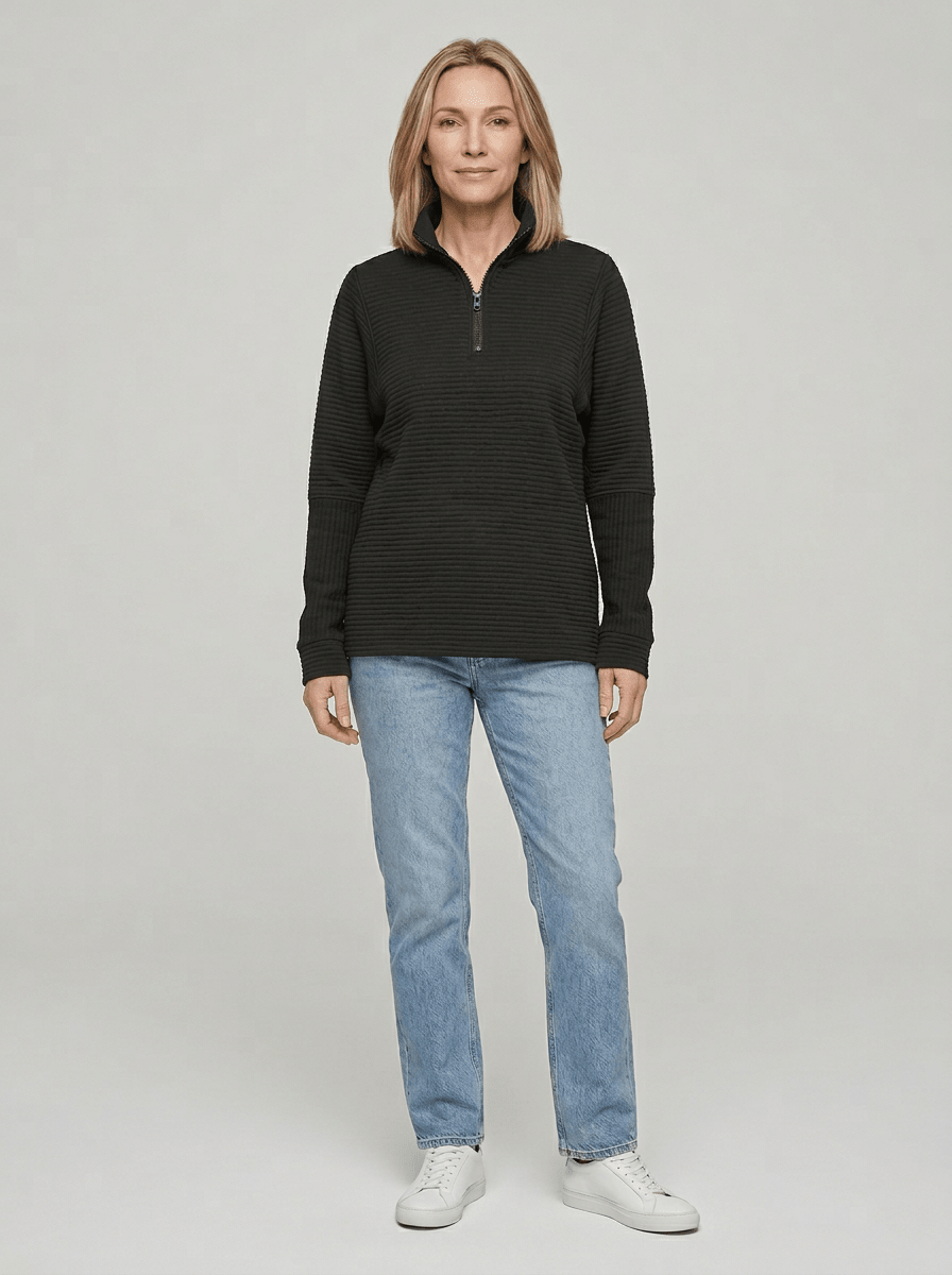 Women’s Ribbed Half - Zip Sweater – V - Neck Relaxed Fit Pullover - GET SOVERAFL993-GS-Black-S