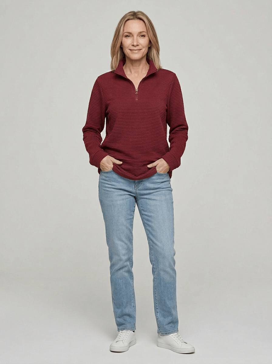 Women’s Ribbed Half - Zip Sweater – V - Neck Relaxed Fit Pullover - GET SOVERAFL993-GS-Red-S