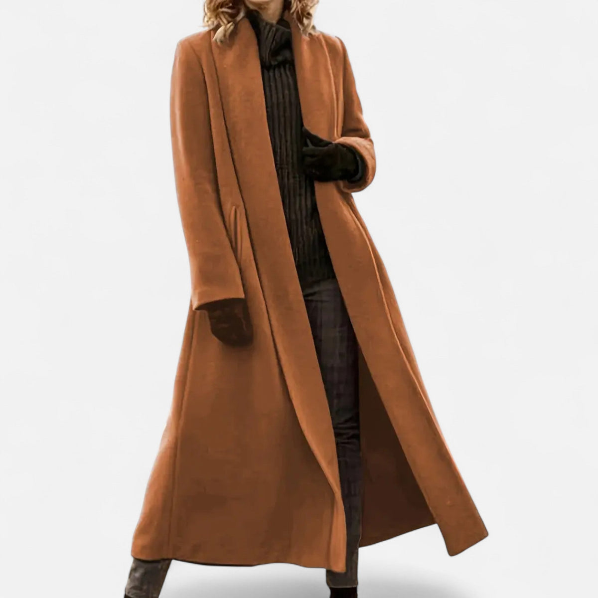 Women’s Long Plus - Size Trench Coat – Lightweight Elegant Lapel Jacket - GET SOVERAHH691-Brown-XS