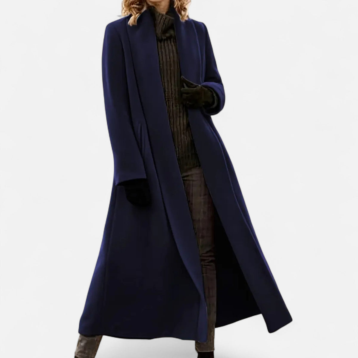Women’s Long Plus - Size Trench Coat – Lightweight Elegant Lapel Jacket - GET SOVERAHH691-Navy-XS