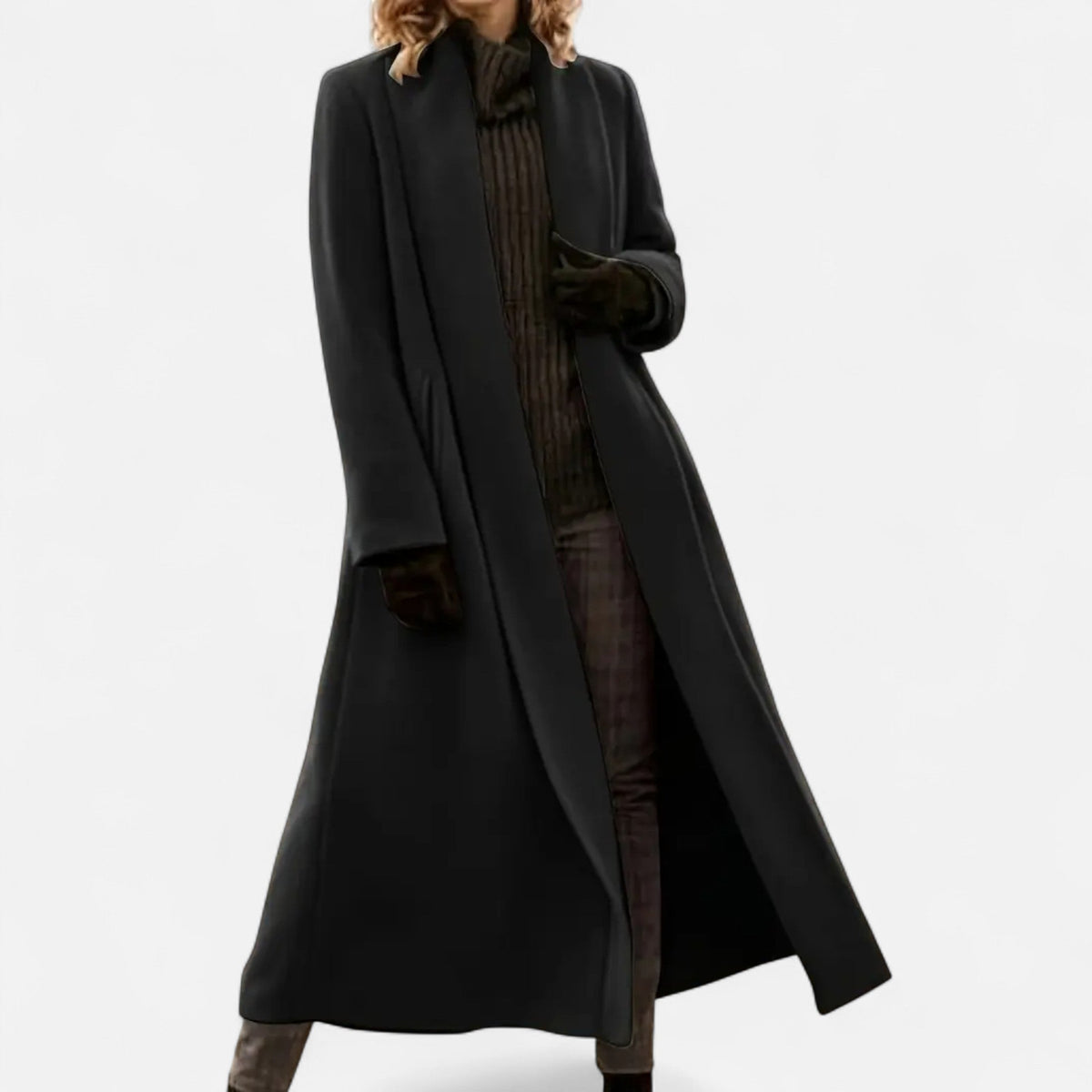 Women’s Long Plus - Size Trench Coat – Lightweight Elegant Lapel Jacket - GET SOVERAHH691-Black-XS