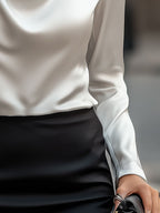 Women’s Satin Blouse with Draped Neckline – Elegant Long Sleeve Top for Work & Evenings - GET SOVERAAA961-GS-White-XS(2)