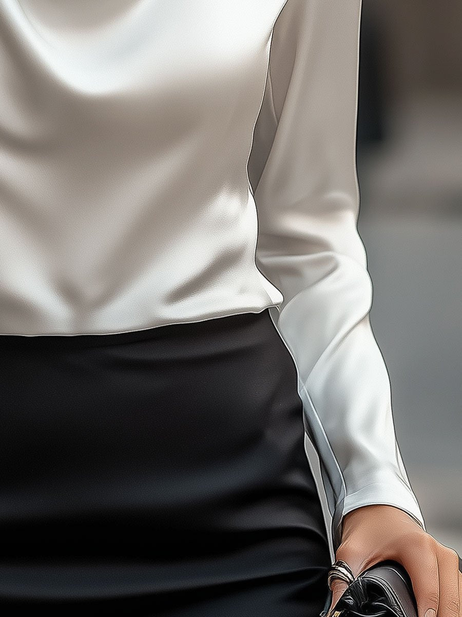 Women’s Satin Blouse with Draped Neckline – Elegant Long Sleeve Top for Work & Evenings - GET SOVERAAA961-GS-White-XS(2)