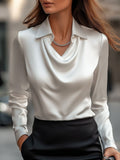 Women’s Satin Blouse with Draped Neckline – Elegant Long Sleeve Top for Work & Evenings - GET SOVERAAA961-GS-White-XS(2)