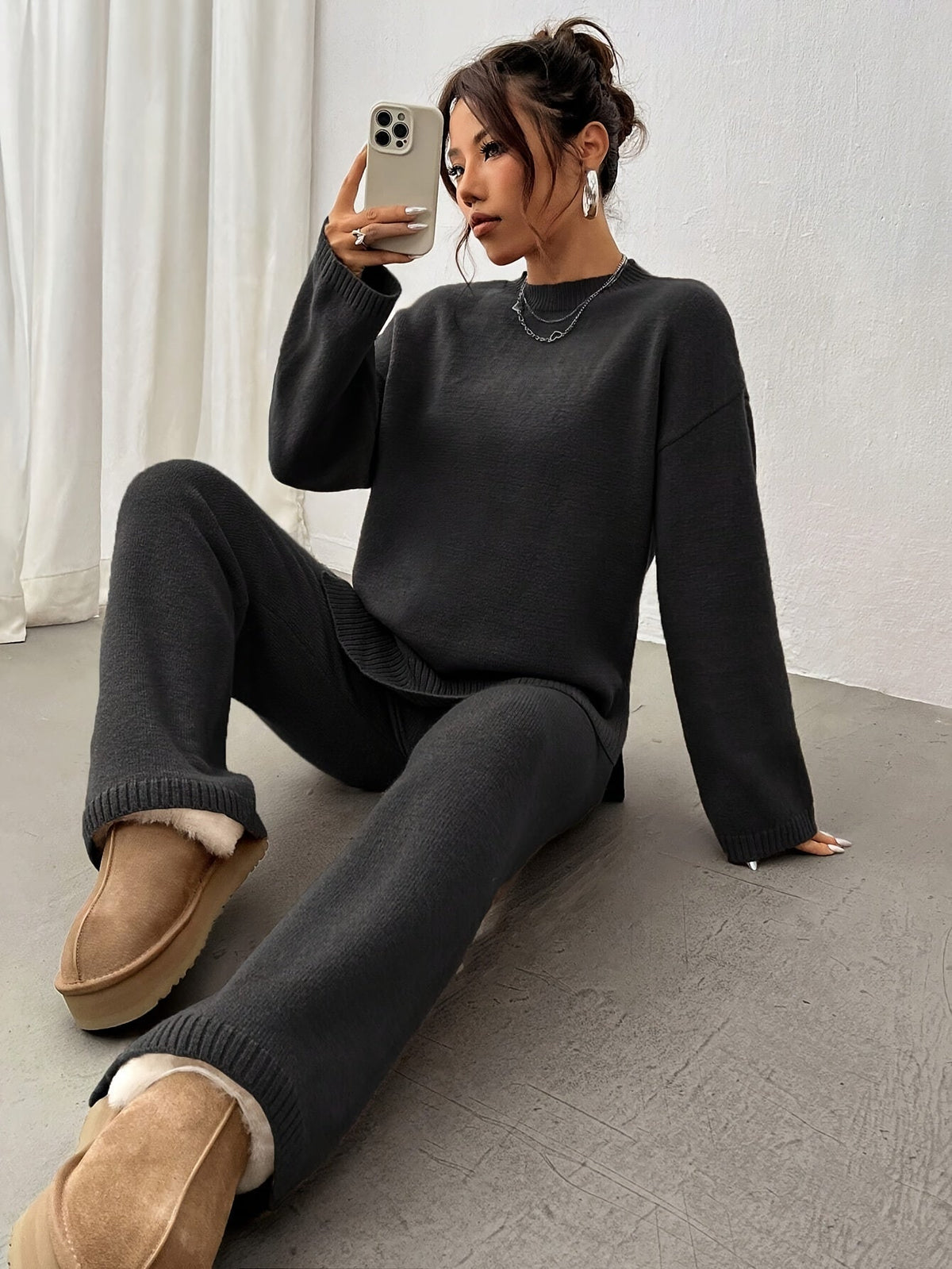 Women’s Knit Lounge Set – Soft Beige Two - Piece Sweater and Pants for Cozy Comfort - GET SOVERAHH192-Black-S