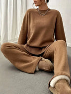 Women’s Knit Lounge Set – Soft Beige Two - Piece Sweater and Pants for Cozy Comfort - GET SOVERAHH192-Brown-S