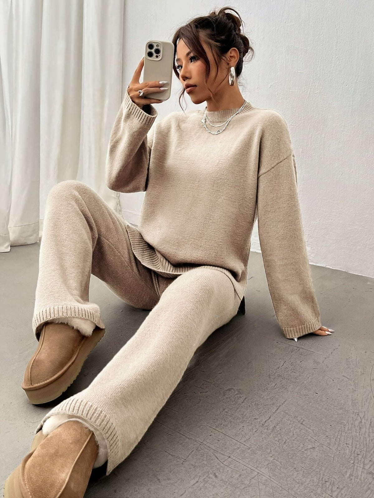Women’s Knit Lounge Set – Soft Beige Two - Piece Sweater and Pants for Cozy Comfort - GET SOVERAHH192-Beige-S
