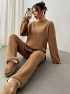 Women’s Knit Lounge Set – Soft Beige Two - Piece Sweater and Pants for Cozy Comfort - GET SOVERAHH192-Brown-S