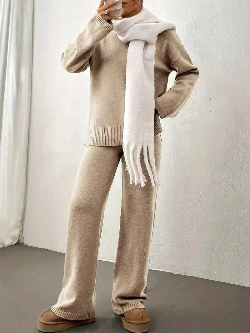 Women’s Knit Lounge Set – Soft Beige Two - Piece Sweater and Pants for Cozy Comfort - GET SOVERAHH192-Beige-S