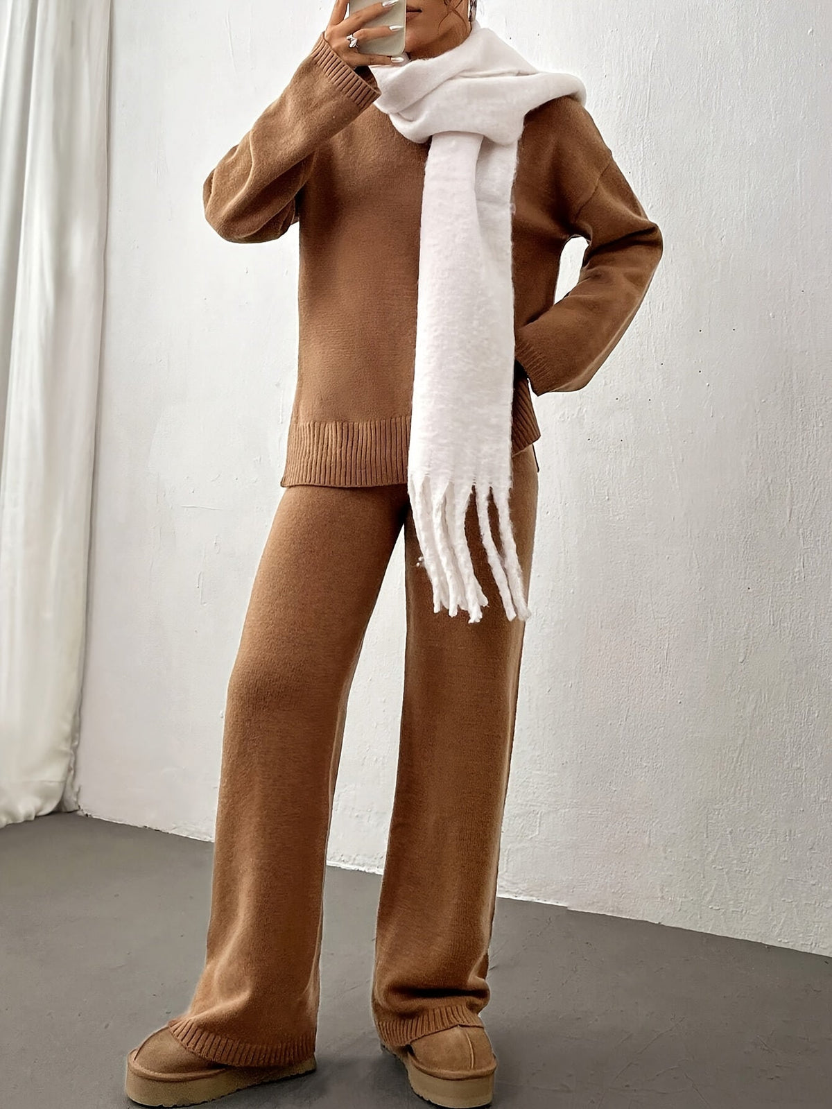 Women’s Knit Lounge Set – Soft Beige Two - Piece Sweater and Pants for Cozy Comfort - GET SOVERAHH192-Brown-S