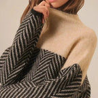 High Neck Knit Sweater – Beige & Black Herringbone Pattern Pullover - GET SOVERAFH110-GS-Beige-S (36)
