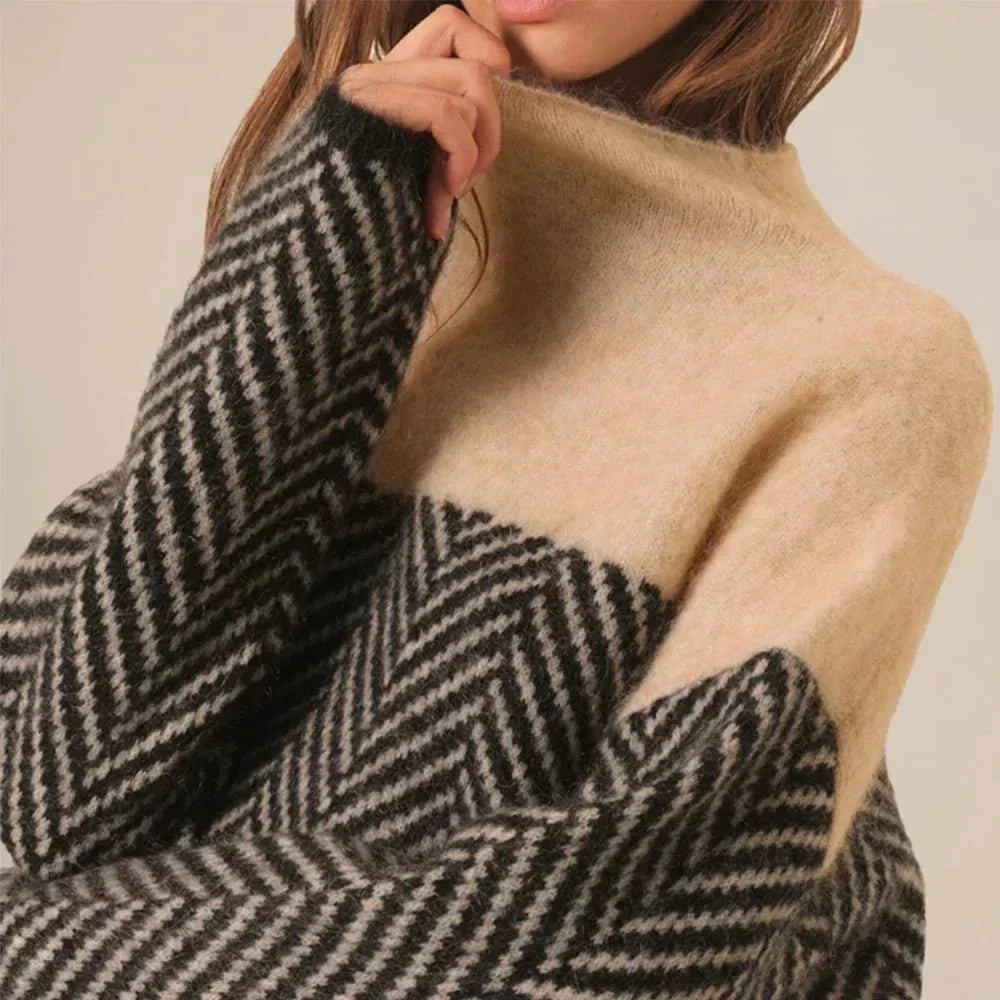 High Neck Knit Sweater – Beige & Black Herringbone Pattern Pullover - GET SOVERAFH110-GS-Beige-S (36)
