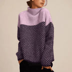 High Neck Knit Sweater – Beige & Black Herringbone Pattern Pullover - GET SOVERAFH110-GS-Purple-S (36)