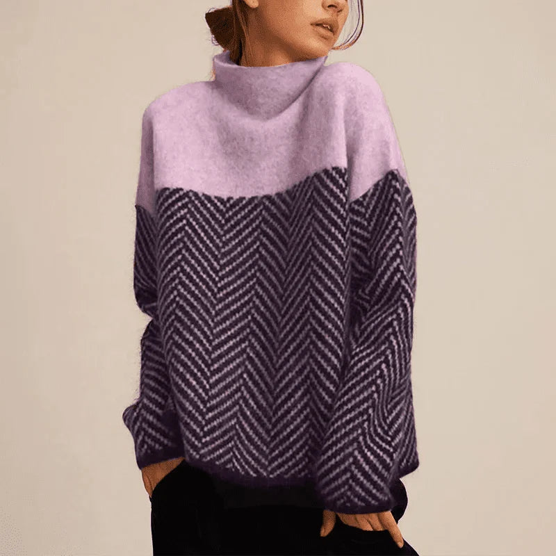 High Neck Knit Sweater – Beige & Black Herringbone Pattern Pullover - GET SOVERAFH110-GS-Purple-S (36)