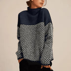 High Neck Knit Sweater – Beige & Black Herringbone Pattern Pullover - GET SOVERAFH110-GS-Blue-S (36)