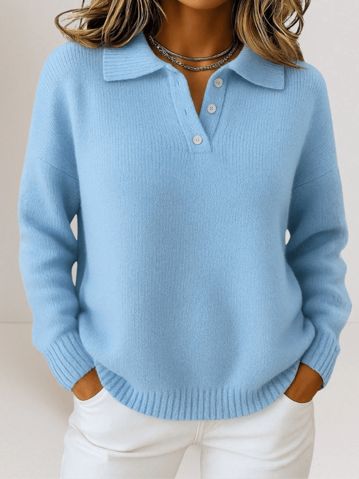 Button - Up Casual Sweater for Women – Relaxed Fit Top with Classic Collar for Everyday Wear - GET SOVERAVD1766483479376183894
