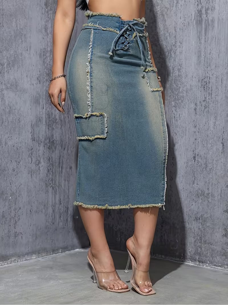 Women's High-Waisted Patchwork Midi Skirt